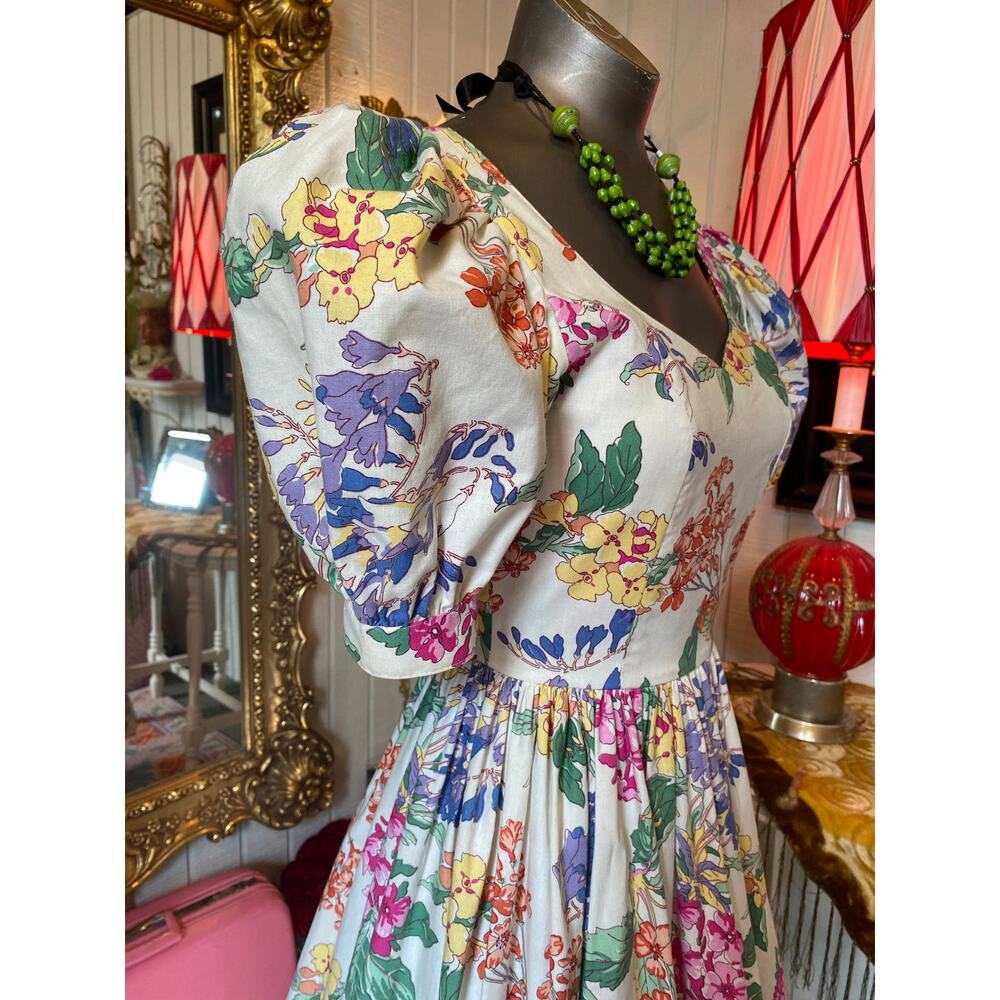 vintage 1980s laura ashley floral cotton dress fit and flare puff sleeves 50s xs - Picture 5 of 11